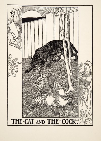 El gato y el gallo, de Cien fábulas de Esopo, pub.1903 de Percy J. Billingshurst