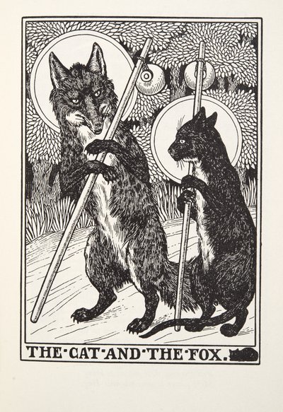 El gato y el zorro, de las Fábulas de Fontaine, pub. 1905 de Percy J. Billingshurst