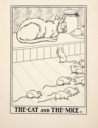 El Gato y los Ratones, de Cien Fábulas de Esopo, pub.1903 (grabado) de Percy J. Billingshurst