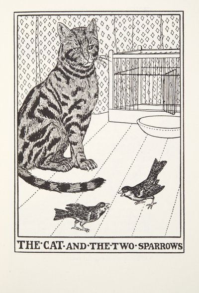 El gato y los dos gorriones, de las Fábulas de Fontaine, pub. 1905 de Percy J. Billingshurst
