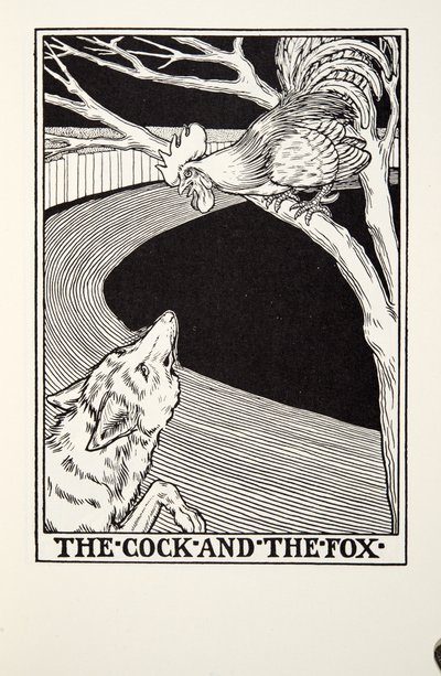 El Gallo y el Zorro, de las Fábulas de Fontaine, pub. 1905 de Percy J. Billingshurst