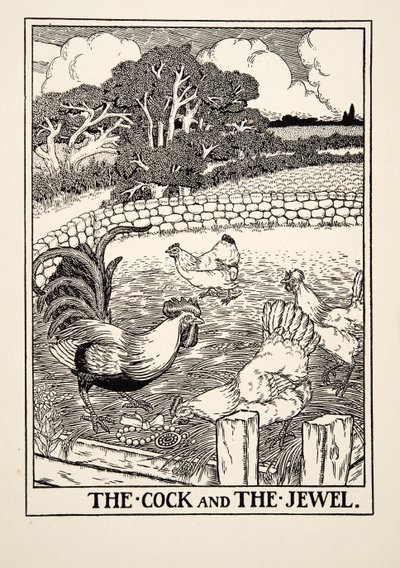 El gallo y la joya, de Cien fábulas de Esopo, pub.1903 de Percy J. Billingshurst