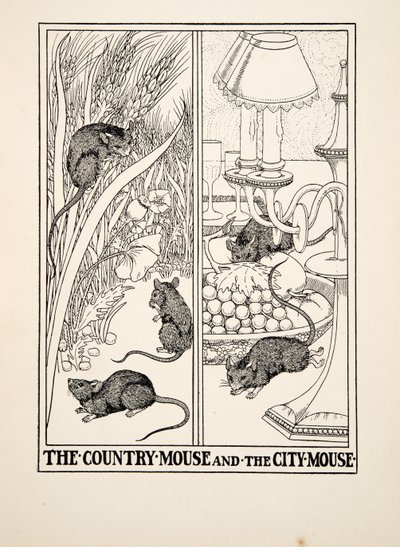 El ratón de campo y el ratón de ciudad, de Cien fábulas de Esopo, pub.1903 de Percy J. Billingshurst