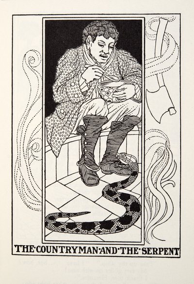El Campesino y la Serpiente, de las Fábulas de Fontaine, pub. 1905 de Percy J. Billingshurst