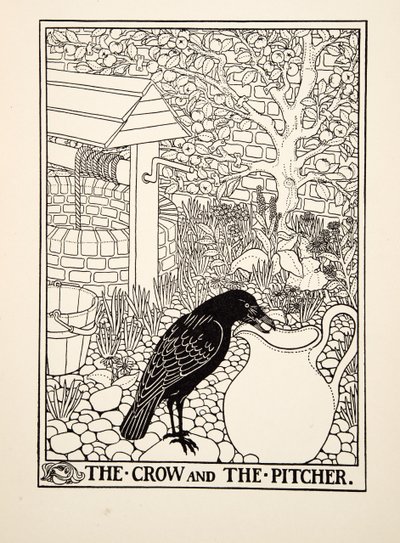 El Cuervo y la Jarra, de Cien Fábulas de Esopo, pub.1903 de Percy J. Billingshurst