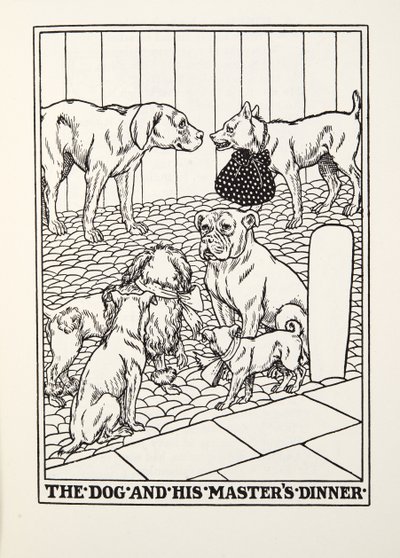 El Perro y la Cena de su Amo, de las Fábulas de Fontaine, pub. 1905 de Percy J. Billingshurst