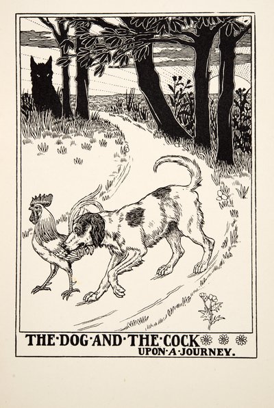 El Perro y el Gallo en un Viaje, de Cien Fábulas de Esopo, pub.1903 de Percy J. Billingshurst