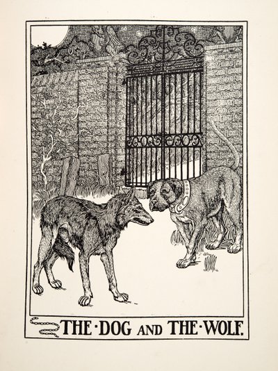 El Perro y el Lobo, de Cien Fábulas de Esopo, pub.1903 (grabado) de Percy J. Billingshurst