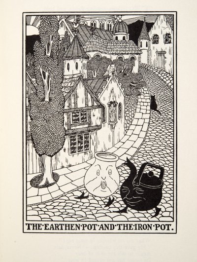 La olla de barro y la olla de hierro, de Fábulas de Fontaine, pub. 1905 de Percy J. Billingshurst
