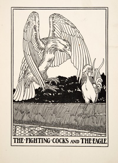 Los gallos de pelea y el águila, de Cien fábulas de Esopo, pub.1903 de Percy J. Billingshurst