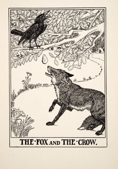 El zorro y el cuervo, de Cien fábulas de Esopo, pub.1903 de Percy J. Billingshurst