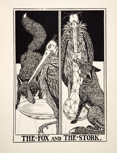 El zorro y la cigüeña, de Cien fábulas de Esopo, pub.1903 de Percy J. Billingshurst