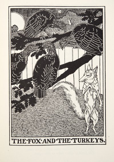 El Zorro y los Pavos de Fábulas de Fontaine, pub. 1905 de Percy J. Billingshurst