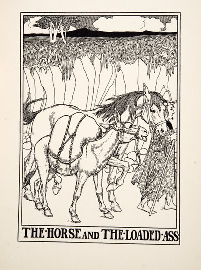 El caballo y el asno cargado, de Cien fábulas de Esopo, pub. 1903 (grabado) de Percy J. Billingshurst