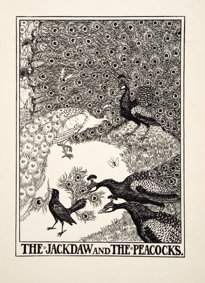 La grajilla y los pavos reales, de Cien fábulas de Esopo, pub.1903 de Percy J. Billingshurst