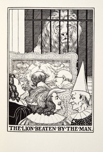 El León Vencido por el Hombre, de las Fábulas de Fontaine, pub. 1905 de Percy J. Billingshurst