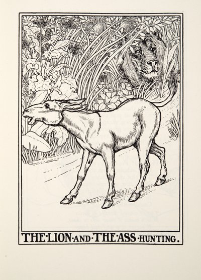El león y el burro cazando, de Fábulas de Fontaine, pub. 1905 de Percy J. Billingshurst