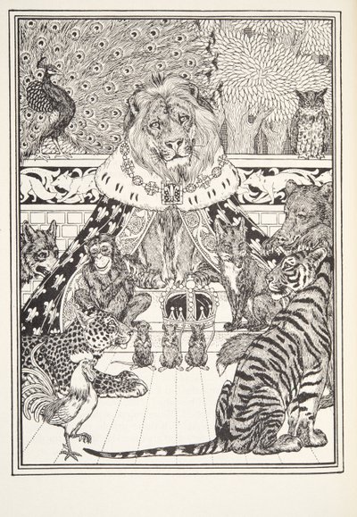 El león y sus asociados, frontispicio, de Fábulas de Fontaine, pub. 1905 de Percy J. Billingshurst
