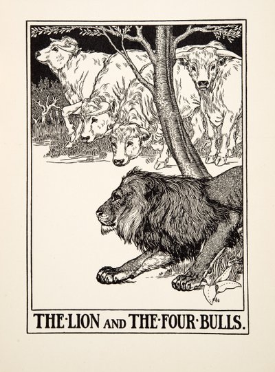 El león y los cuatro toros, de Cien fábulas de Esopo, pub. 1903 (grabado) de Percy J. Billingshurst