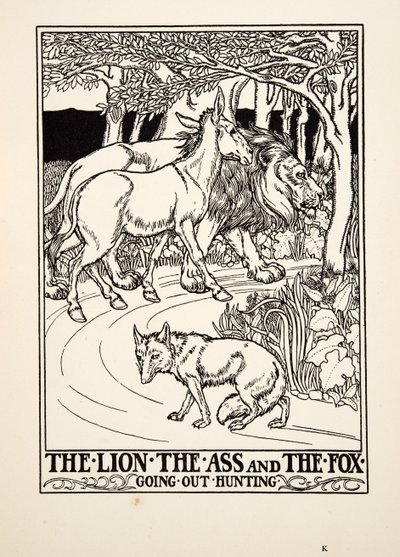 El león, el asno y el zorro saliendo a cazar, de Cien fábulas de Esopo, pub.1903 (grabado) de Percy J. Billingshurst