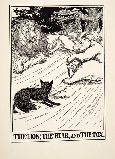 El león, el oso y el zorro, de Cien fábulas de Esopo, pub.1903 de Percy J. Billingshurst