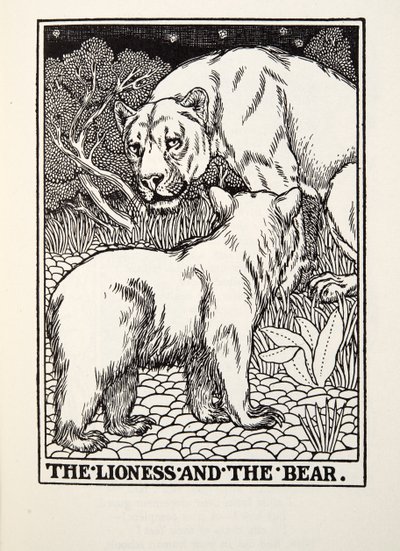 La leona y el oso, de las Fábulas de Fontaine, pub. 1905 de Percy J. Billingshurst