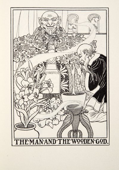 El hombre y el dios de madera, de Fábulas de Fontaine, pub. 1905 de Percy J. Billingshurst