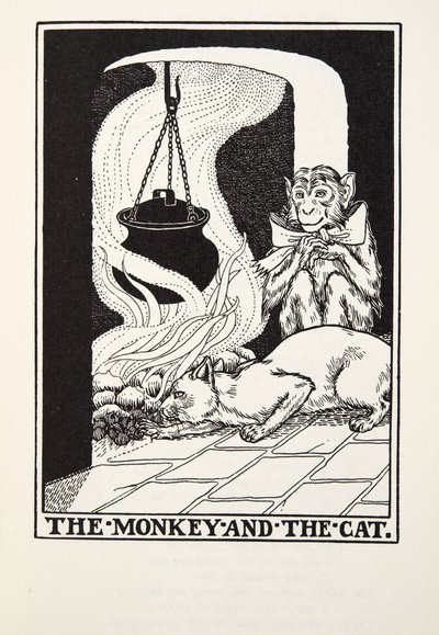 El mono y el gato, de las Fábulas de Fontaine, pub. 1905 de Percy J. Billingshurst