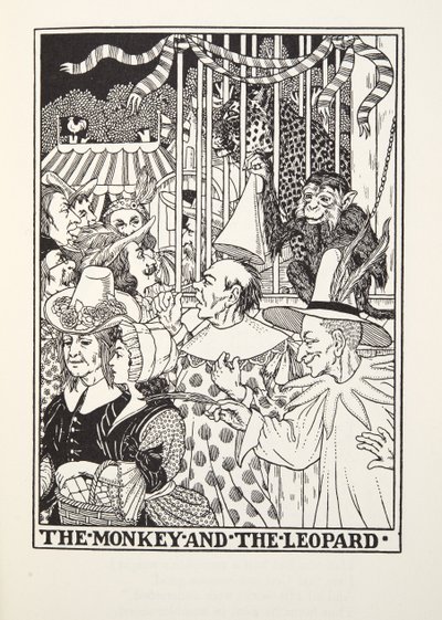 El mono y el leopardo, de las Fábulas de Fontaine, pub. 1905 de Percy J. Billingshurst