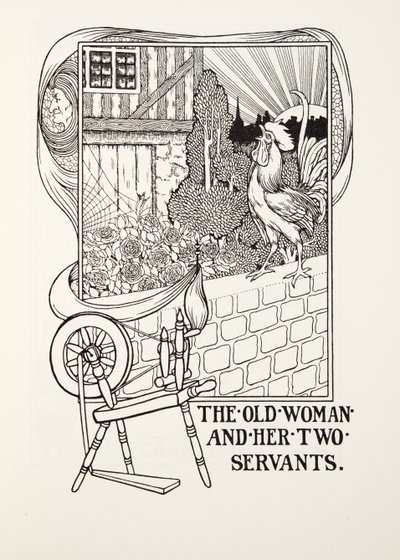 La anciana y sus dos sirvientes, de las Fábulas de Fontaine, pub. 1905 (grabado) de Percy J. Billingshurst