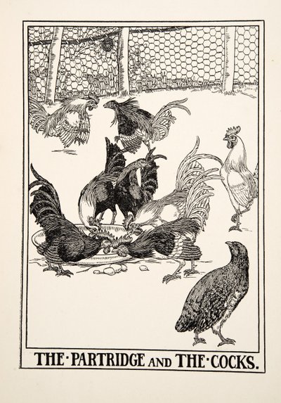 La perdiz y los gallos, de Cien fábulas de Esopo, pub.1903 de Percy J. Billingshurst