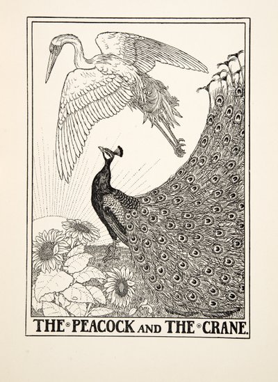 El Pavo Real y la Grulla, de Cien Fábulas de Esopo, pub.1903 de Percy J. Billingshurst