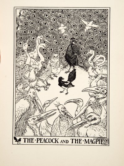 El pavo real y la urraca, de Cien fábulas de Esopo, pub.1903 (grabado) de Percy J. Billingshurst
