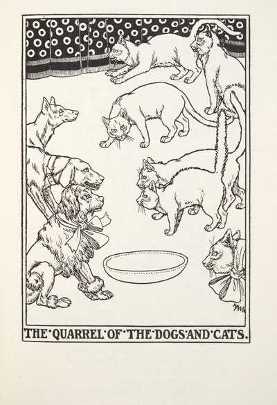 La disputa de los perros y los gatos, de las Fábulas de Fontaine, pub. 1905 de Percy J. Billingshurst
