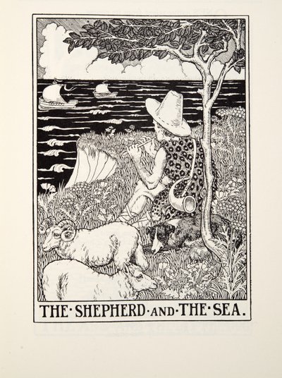 El pastor y el mar, de Fábulas de Fontaine, pub. 1905 de Percy J. Billingshurst