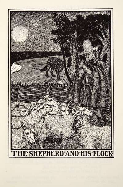 El pastor y su rebaño, de Fábulas de Fontaine, pub. 1905 de Percy J. Billingshurst