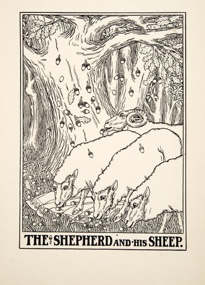 El Pastor y sus Ovejas, de Cien Fábulas de Esopo, pub. 1903 de Percy J. Billingshurst