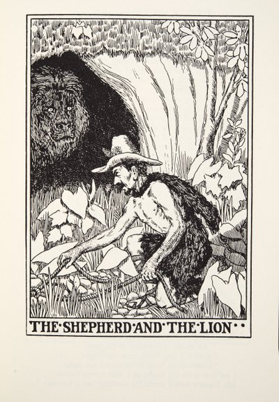 El pastor y el león, de Fábulas de Fontaine, pub. 1905 de Percy J. Billingshurst