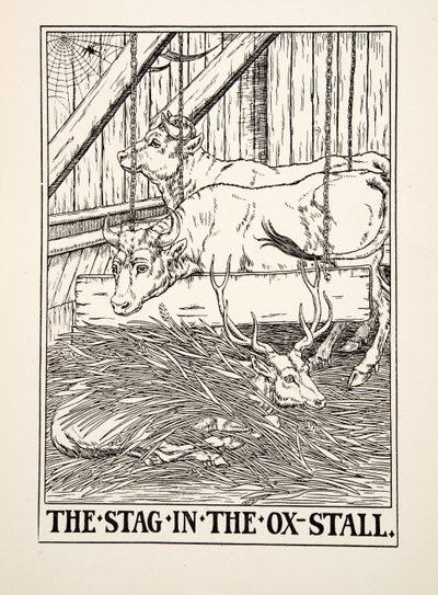El ciervo en el establo de bueyes, de Cien fábulas de Esopo, pub.1903 (grabado) de Percy J. Billingshurst