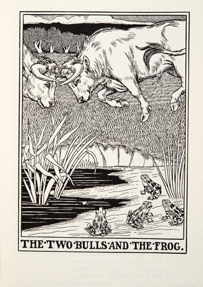 Los Dos Toros y la Rana, de las Fábulas de Fontaine, pub. 1905 de Percy J. Billingshurst