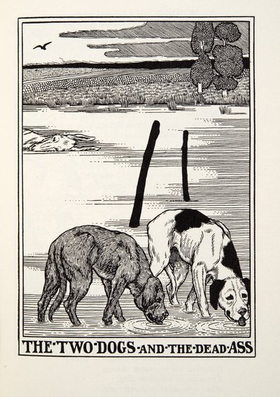Los dos perros y el asno muerto, de las Fábulas de Fontaine, pub. 1905 de Percy J. Billingshurst