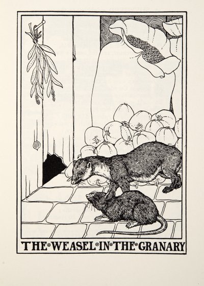 La comadreja en el granero, de Fábulas de Fontaine, pub. 1905 de Percy J. Billingshurst
