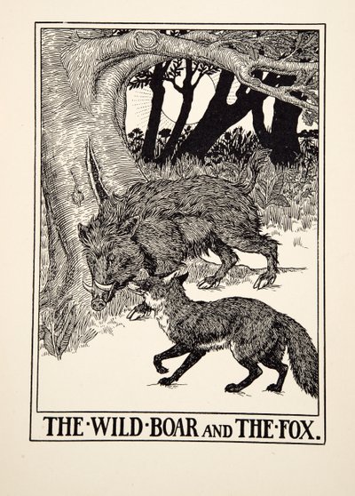 El Jabalí y el Zorro, de Cien Fábulas de Esopo, pub. 1903 de Percy J. Billingshurst