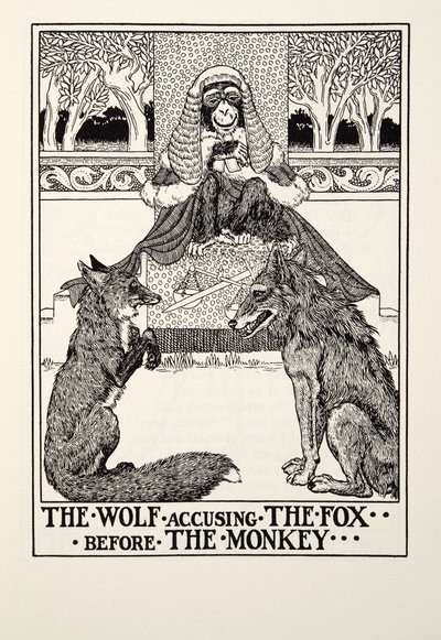 El lobo acusando al zorro ante el mono, de Fábulas de Fontaine, pub. 1905 de Percy J. Billingshurst