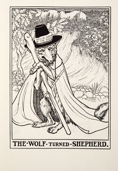 El lobo convertido en pastor, de Fábulas de Fontaine, pub. 1905 de Percy J. Billingshurst