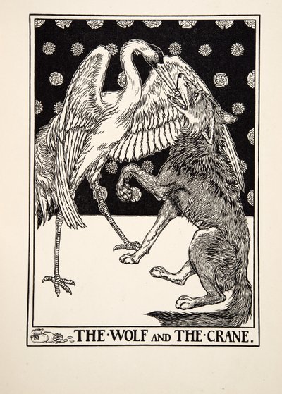 El lobo y la grulla, de Cien fábulas de Esopo, pub.1903 de Percy J. Billingshurst