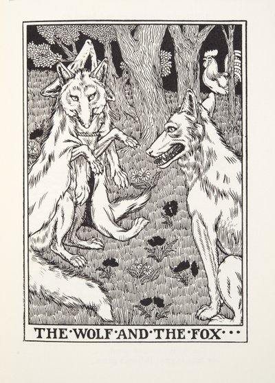 El lobo y el zorro, de las Fábulas de Fontaine, pub. 1905 de Percy J. Billingshurst