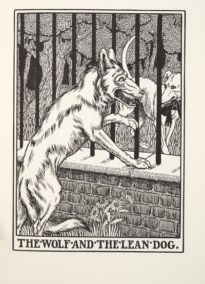 El lobo y el perro flaco, de las Fábulas de Fontaine, pub. 1905 de Percy J. Billingshurst