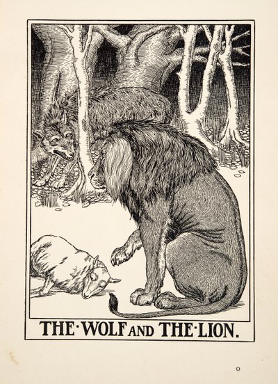 El lobo y el león, de Cien fábulas de Esopo, pub. 1903 (grabado) de Percy J. Billingshurst