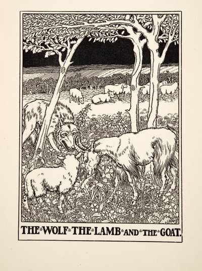 El Lobo, el Cordero y la Cabra, de Cien Fábulas de Esopo, pub.1903 (grabado) de Percy J. Billingshurst